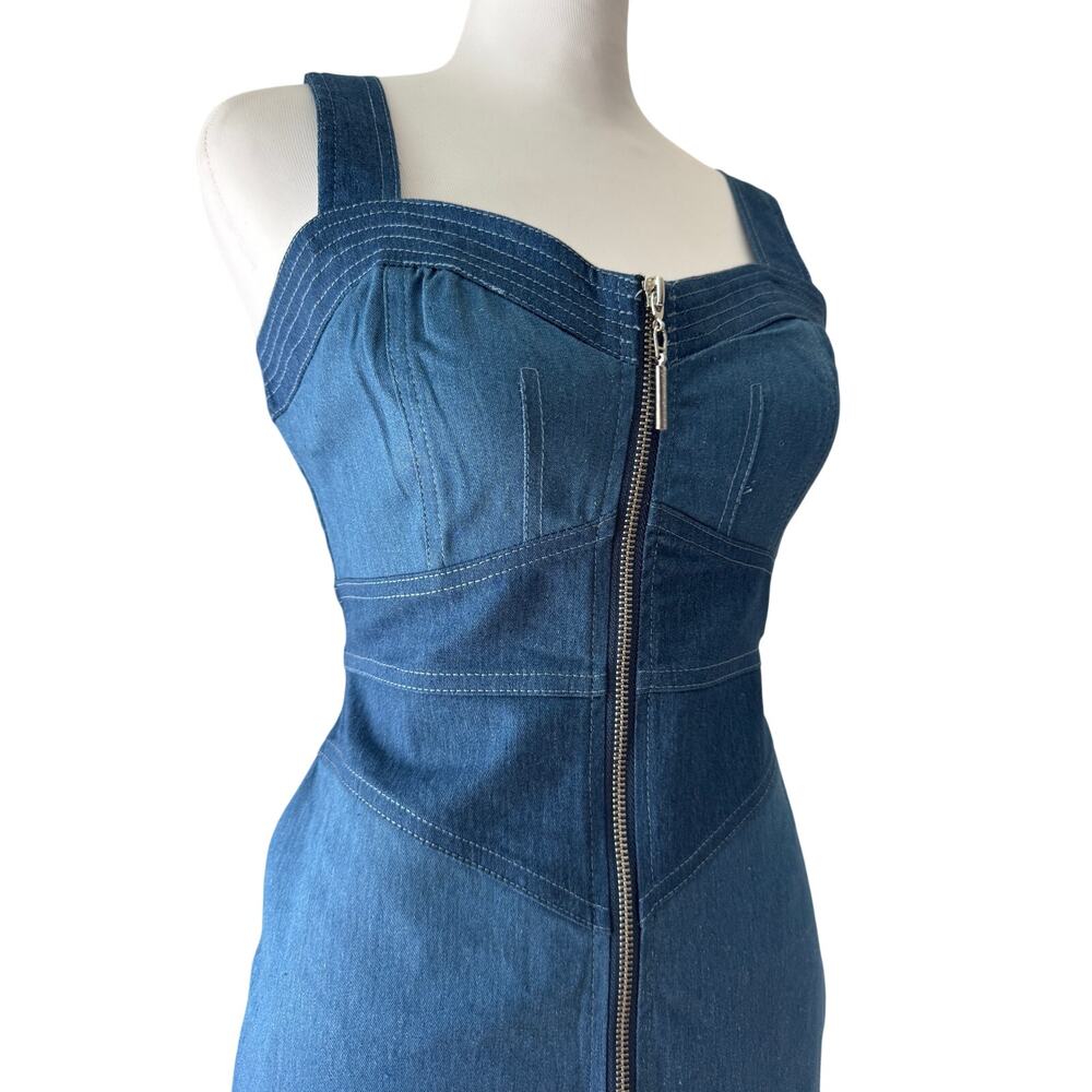 Betsey Johnson Blue Denim Full Zip Sweetheart Neck Bodycon Overall Mini Dress - Picture 5 of 10
